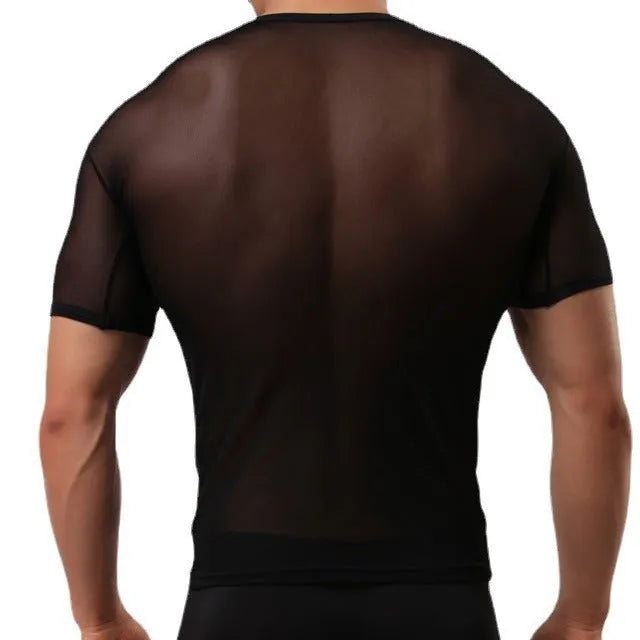 Men's slim fit solid colour mesh t-shirt on a hanger, showing transparent nylon fabric.