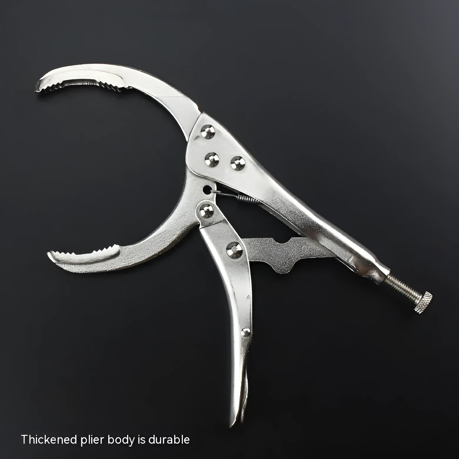 Adjustable clamp-style oil filter wrench with three jaws, made from black 45 steel, showing size adjustment mechanism