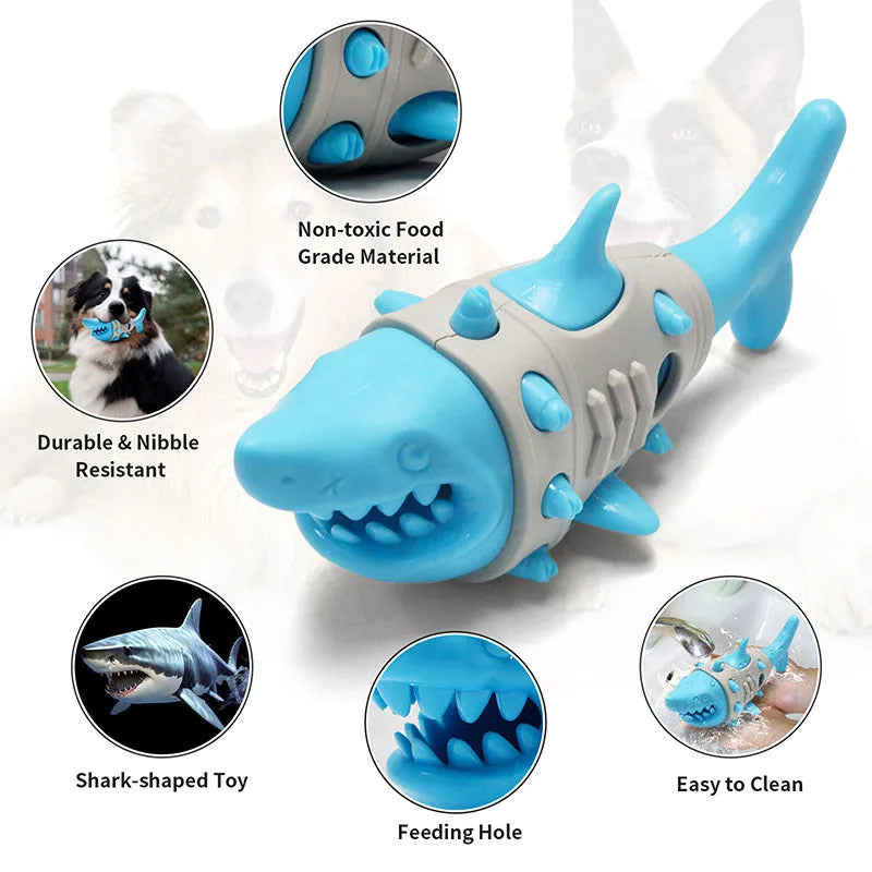 Shark tooth design dog teething toy in blue, grey, or yellow with cleaning ridges