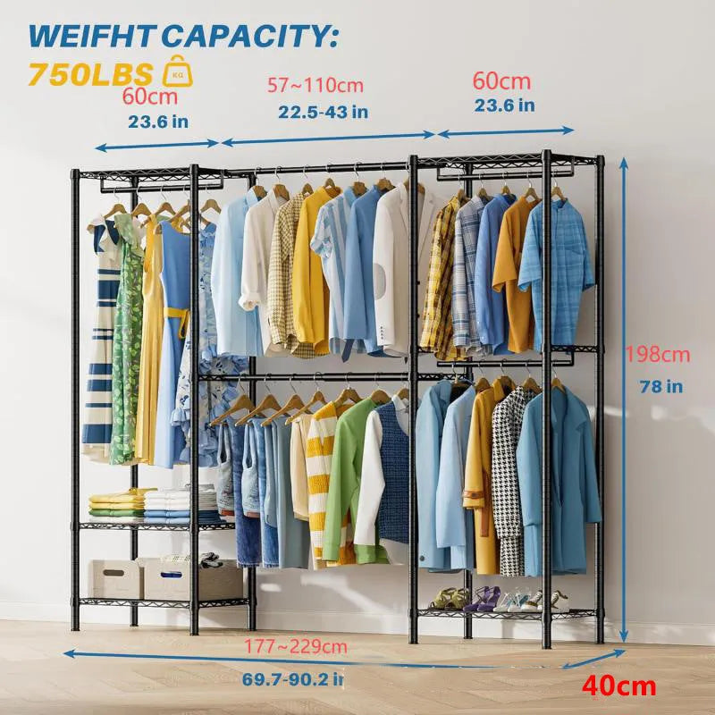 Black freestanding metal garment storage rack for hangers, trousers, and ties