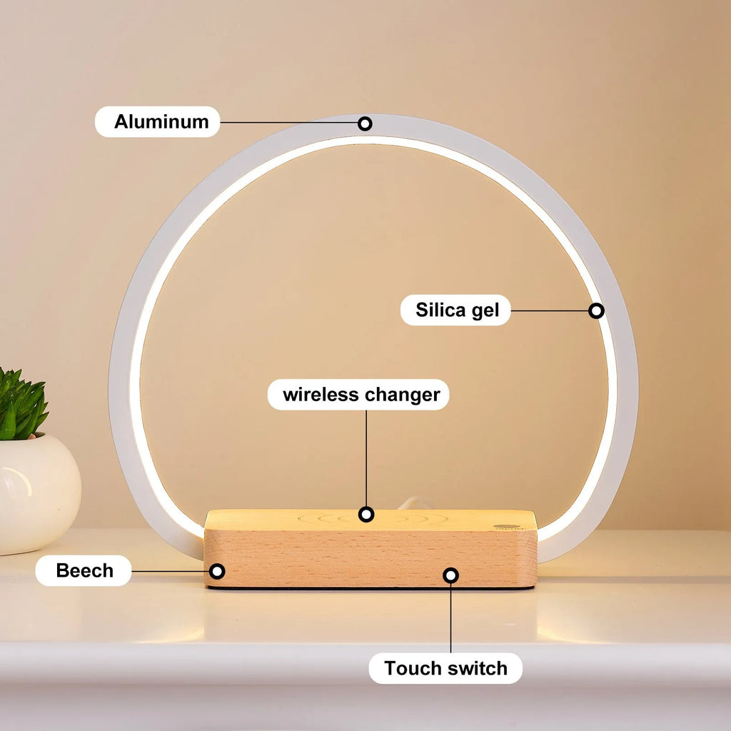Wireless fast charging touch night light with solid wood base, USB powered, European style desk lamp Type A