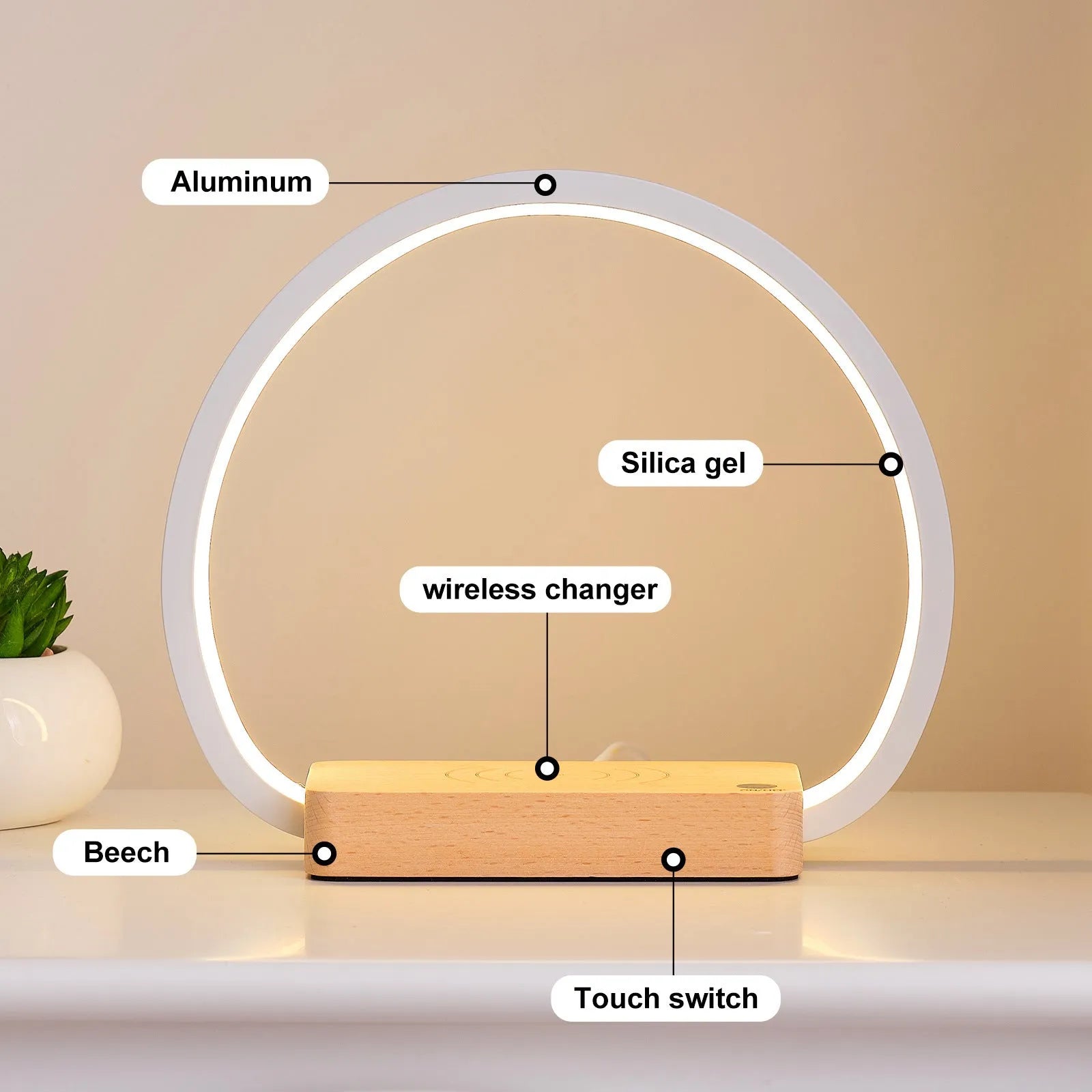 Wireless fast charging touch night light with solid wood base, USB powered, European style desk lamp Type A