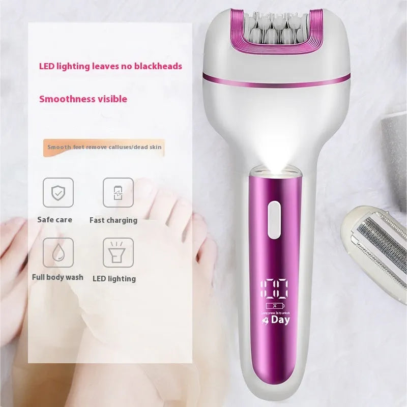 Pink three-in-one ladies electric depilator and lady shaver with USB charging, ABS body, and foot grinder attachment