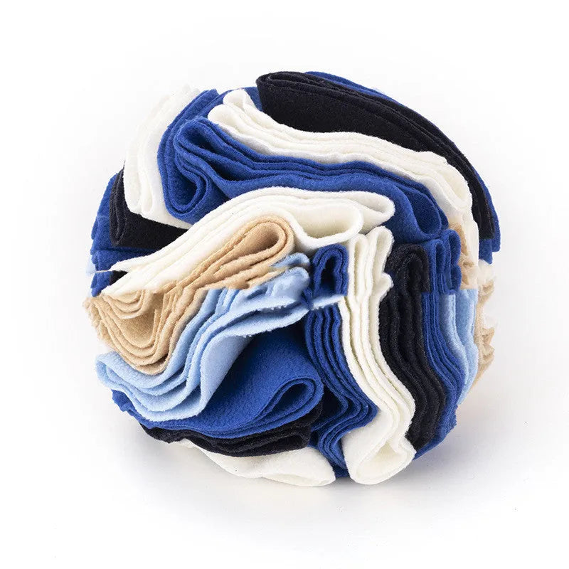 Polar fleece dog snuffle ball toy with folded circles in rainbow colours, 15cm or 20cm size options