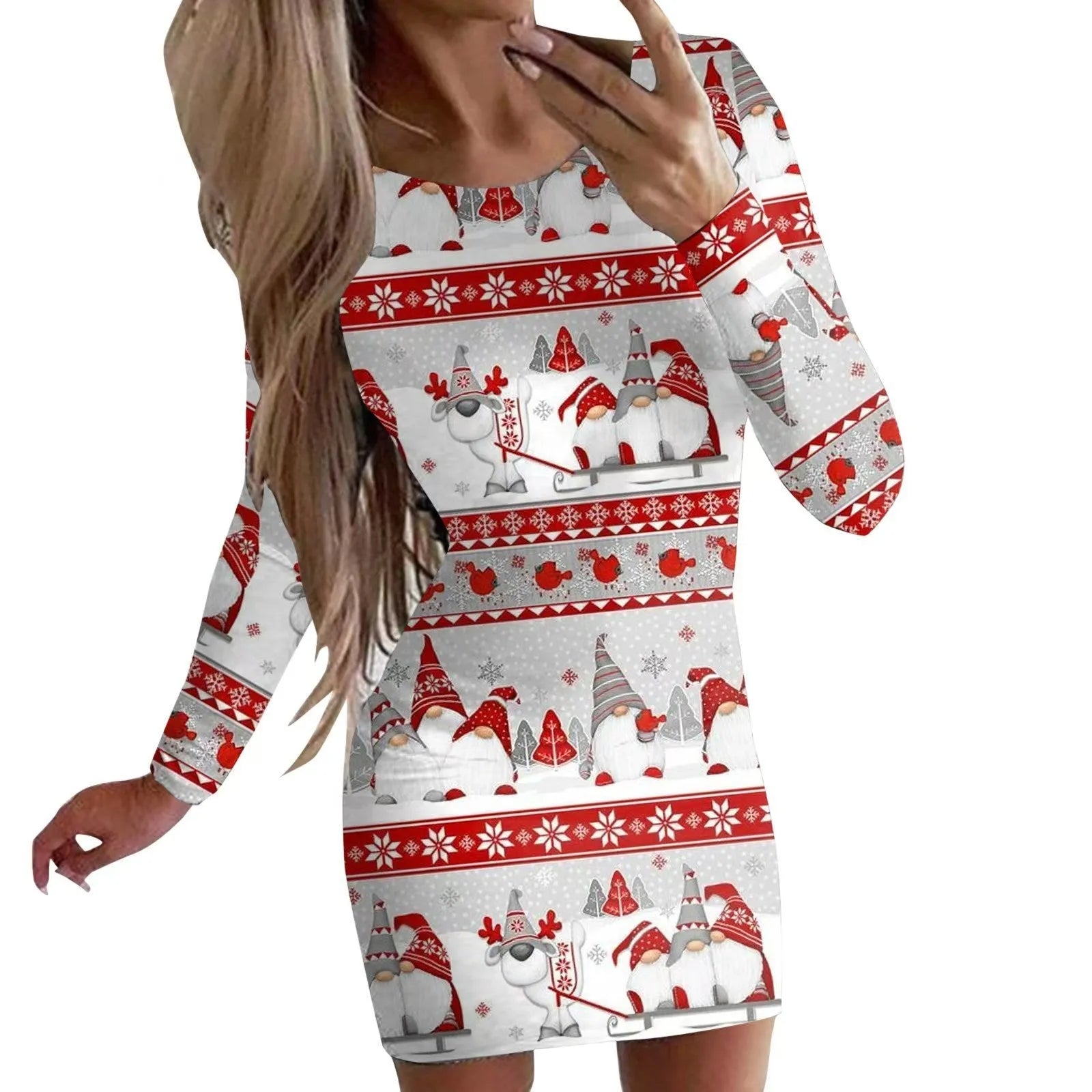 Christmas printed dress with animal pattern design showing narrow fit and hip skirt styling