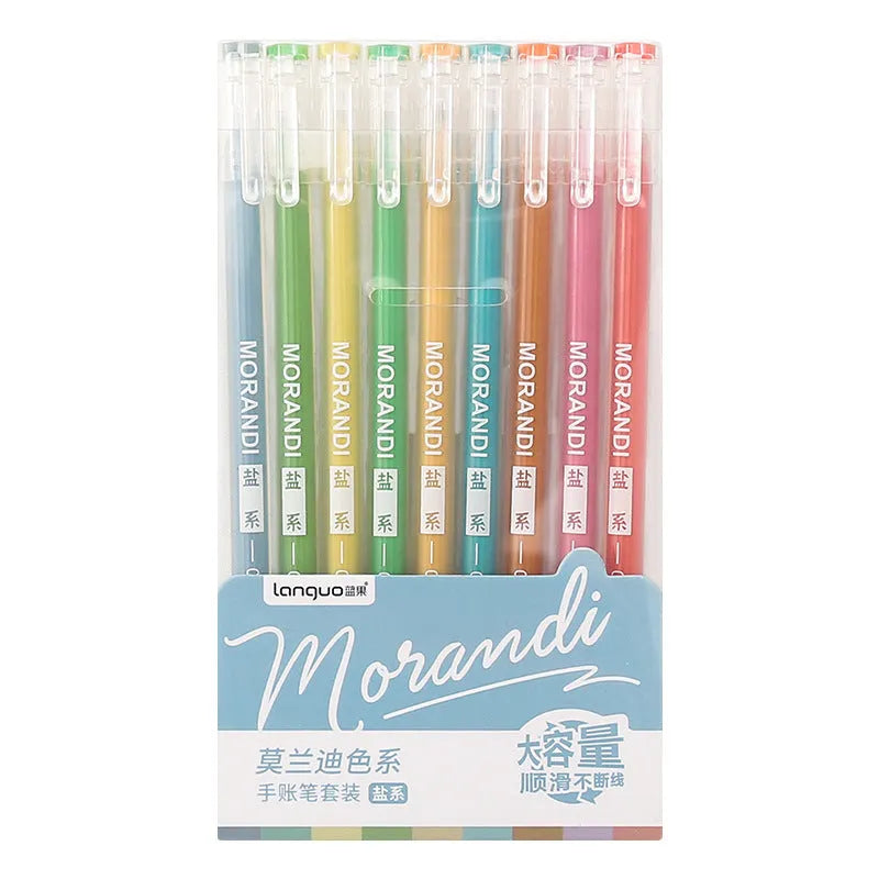 Set of nine retro-style gel pens with 0.5mm needle tips in plastic bodies arranged by colour series
