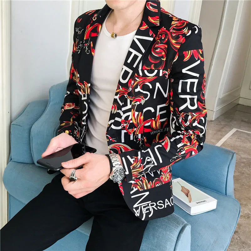 Men's Korean style chemical fibre blended suit with hidden pocket and round hem in black colour