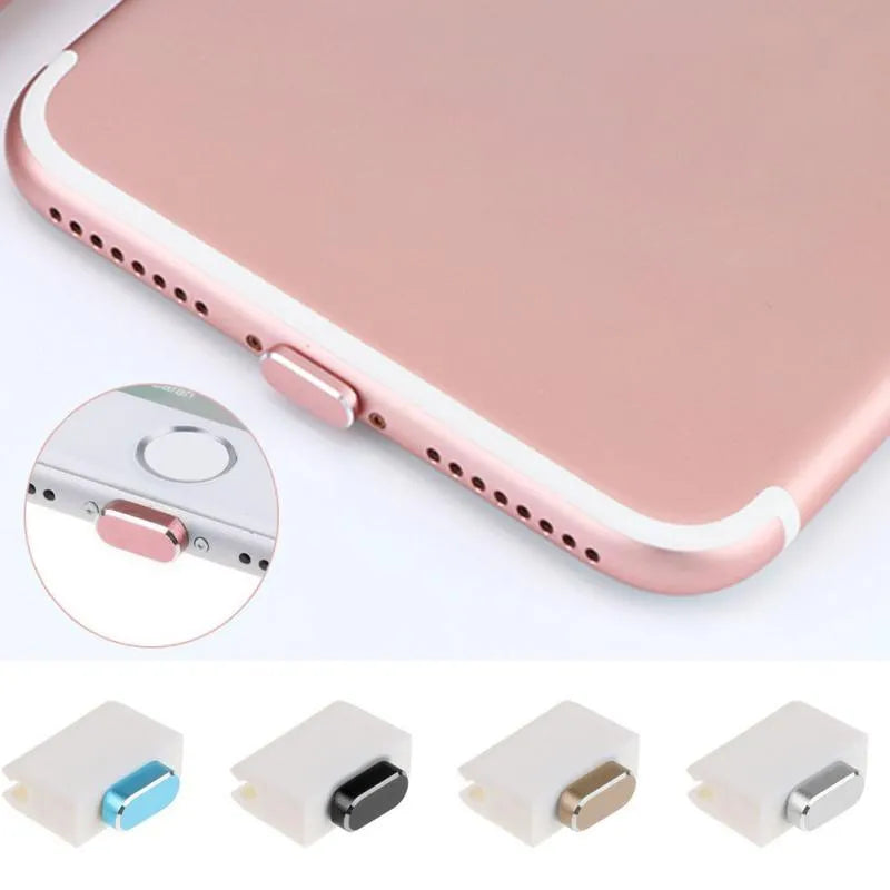 Aluminium alloy iPhone charging port dust plug in various colours including gold, silver, blue, and rose gold.