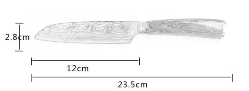 7Cr17 stainless steel chef knife with 18cm blade, laser Damascus pattern, and coloured wood handle