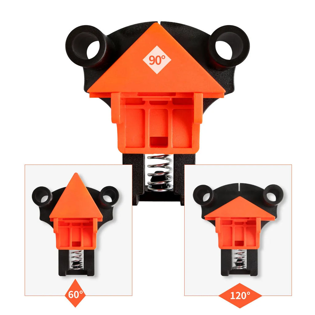 Four plastic 90 degree right angle woodworking clips for frame corner alignment