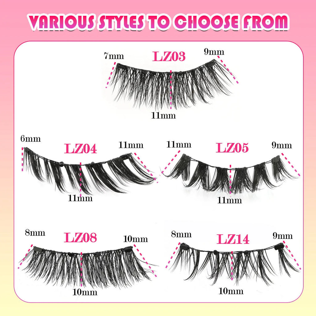 Reusable waterproof false eyelashes set with glue-free band in styles LZ03, LZ04, LZ05, LZ08, LZ14.