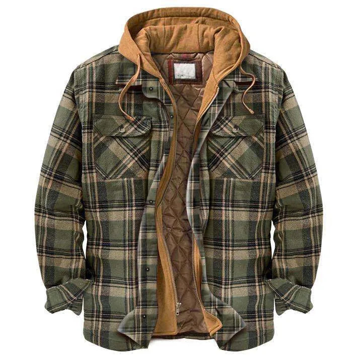 Men's casual blue check long sleeve hooded jacket, loose cotton blend, medium length, leisure fit