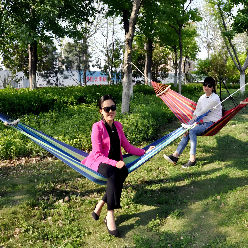 Canvas swing camping hammock with striped pattern fabric buckle single red blue anti-flip outdoor use