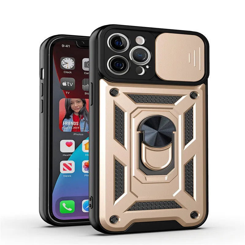 Sergeant sliding window magnetic bracket iPhone case in blue, showing the extended grip.