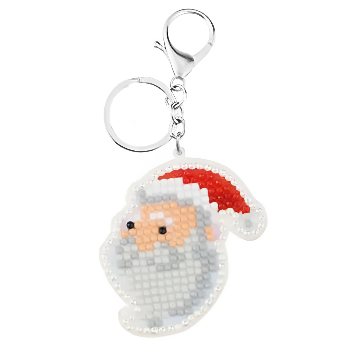 Diamond painting keychain craft kit with four style options: ladybird, Santa Claus, unicorn, on a white background