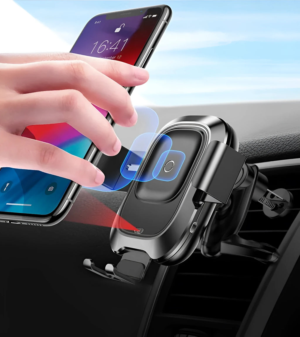 Black wireless charging car phone holder mounted on an air outlet vent for 4.0-6.5 inch mobiles with smart sensor bracket.