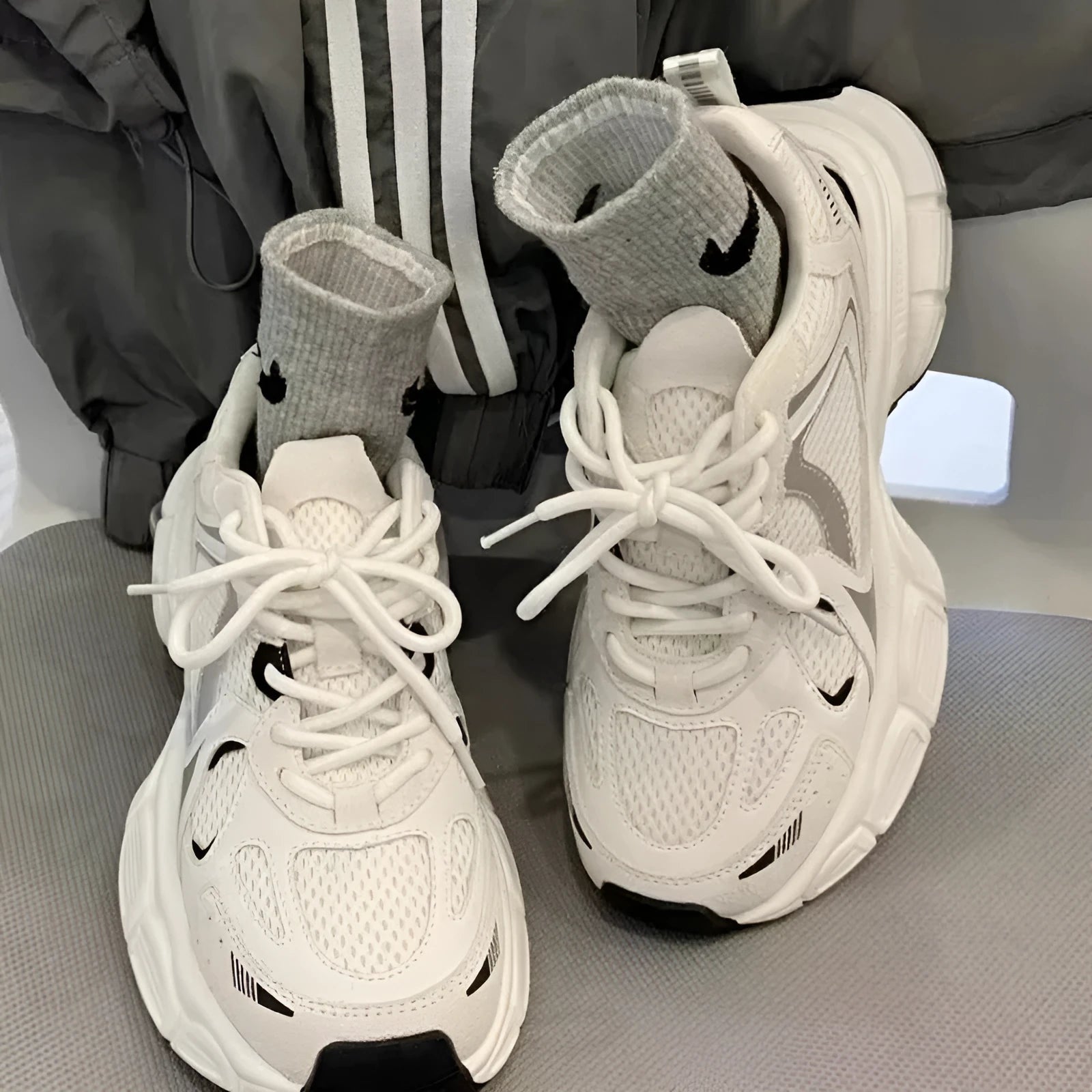Beige mesh platform sports shoes with wedge sole and lace-up front