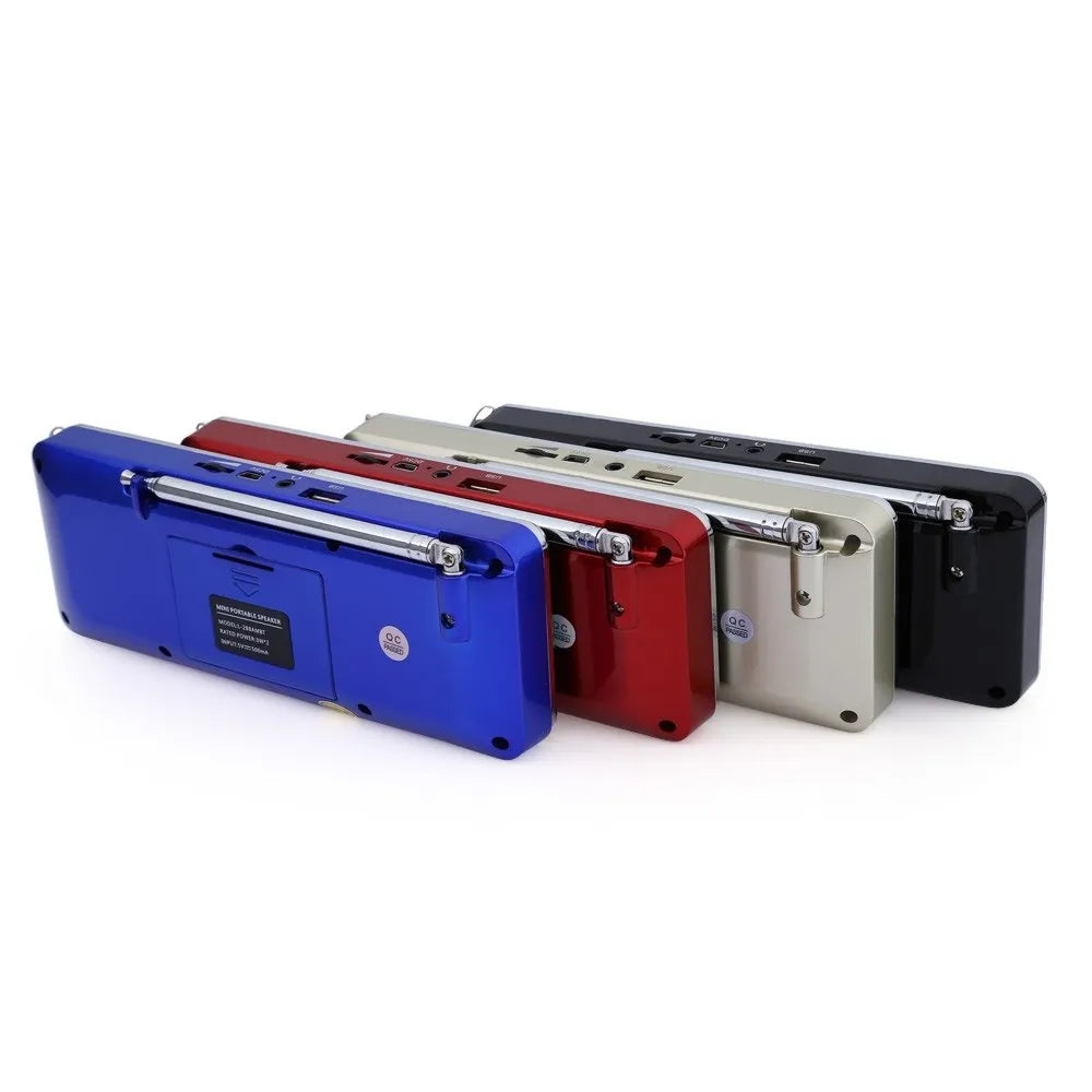 L-288AMBT black portable Bluetooth speaker with LCD display showing radio frequency.