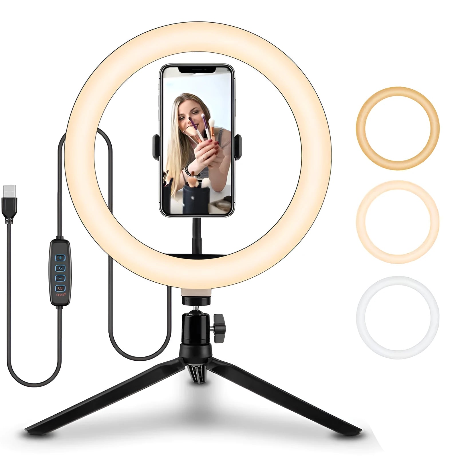 10-inch ring selfie light on a 19CM metal bracket for smartphone photography.