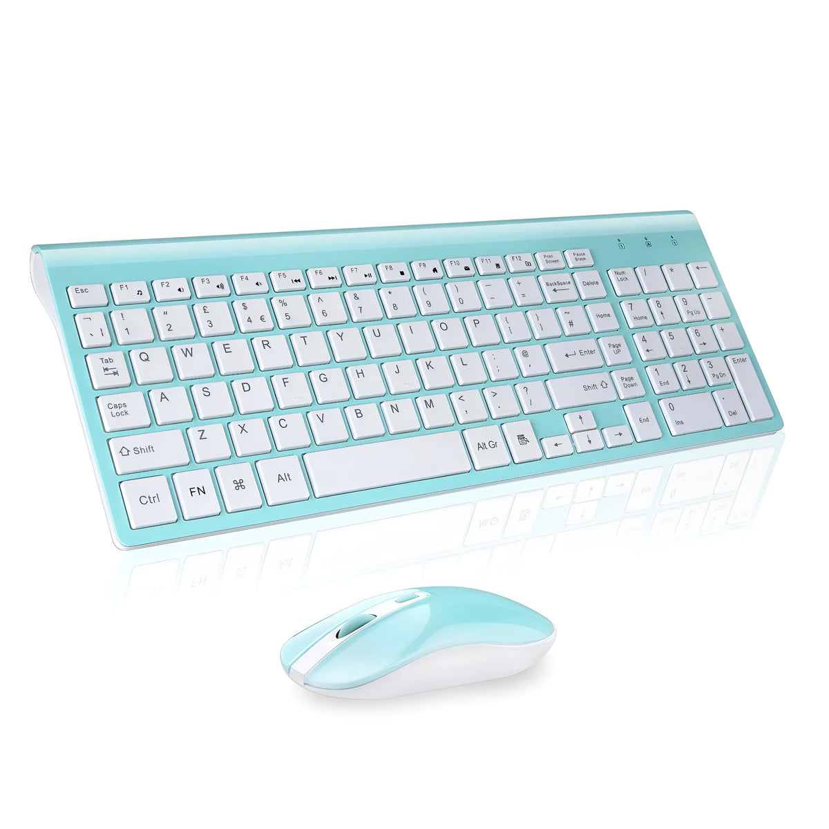 Blue wireless keyboard and mouse set with full-size layout and numeric keypad for desktop computer