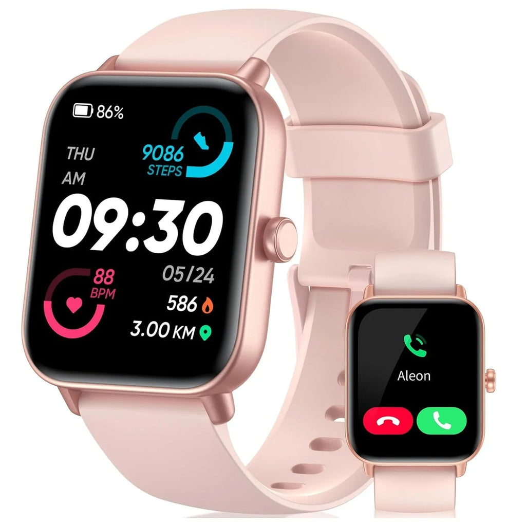 Multi functional sports smartwatch in pink or black with heart rate monitoring, Bluetooth calling, and 7-14 day battery life