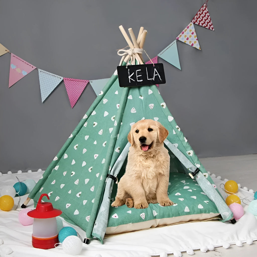 Green triangular pet tent kennel with cotton cover and wood stick frame for small dogs and cats