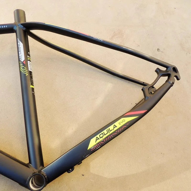 Black green aluminium mountain bike frame for 29-inch wheels with internal cable routing