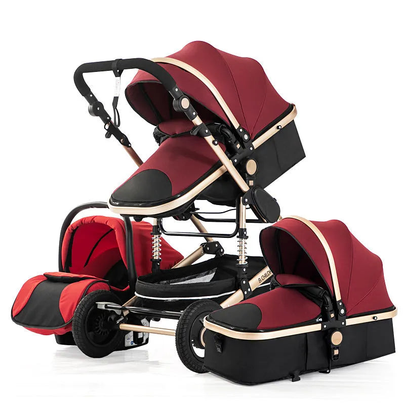 3 in 1 baby stroller with aluminium frame, large breathable mesh bassinet, UV canopy, and swivel wheels