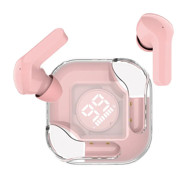 TWS wireless Bluetooth earphones in transparent white, black, pink, blue, and green colours with charging case