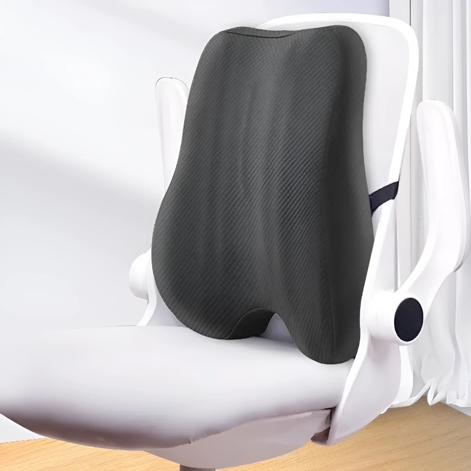 Grey lumbar support cushion for office chairs showing 40x40x8cm size and square shape.