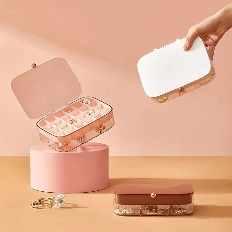 Green modern minimalist multi-layer jewelry storage box with internal compartments.