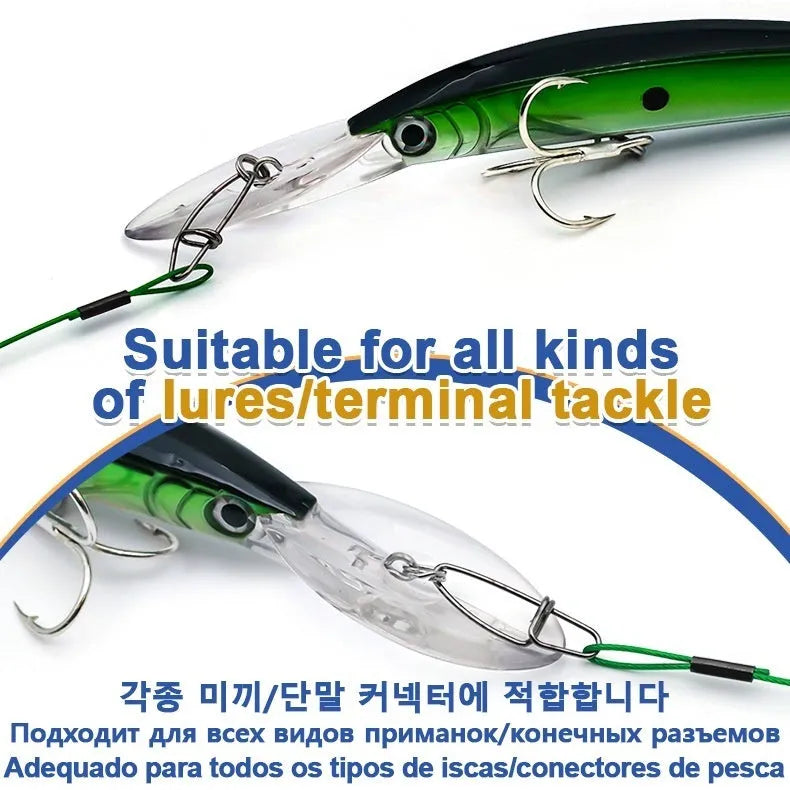 Steel wire double buckle fishing pin in green, black, red colours for predator fishing