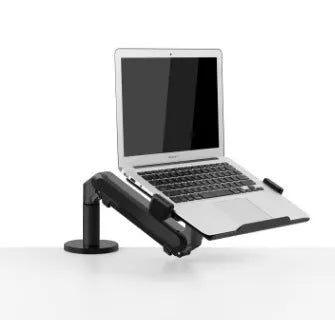 Silver aluminium laptop stand with adjustable air pressure arm holding a notebook above desktop