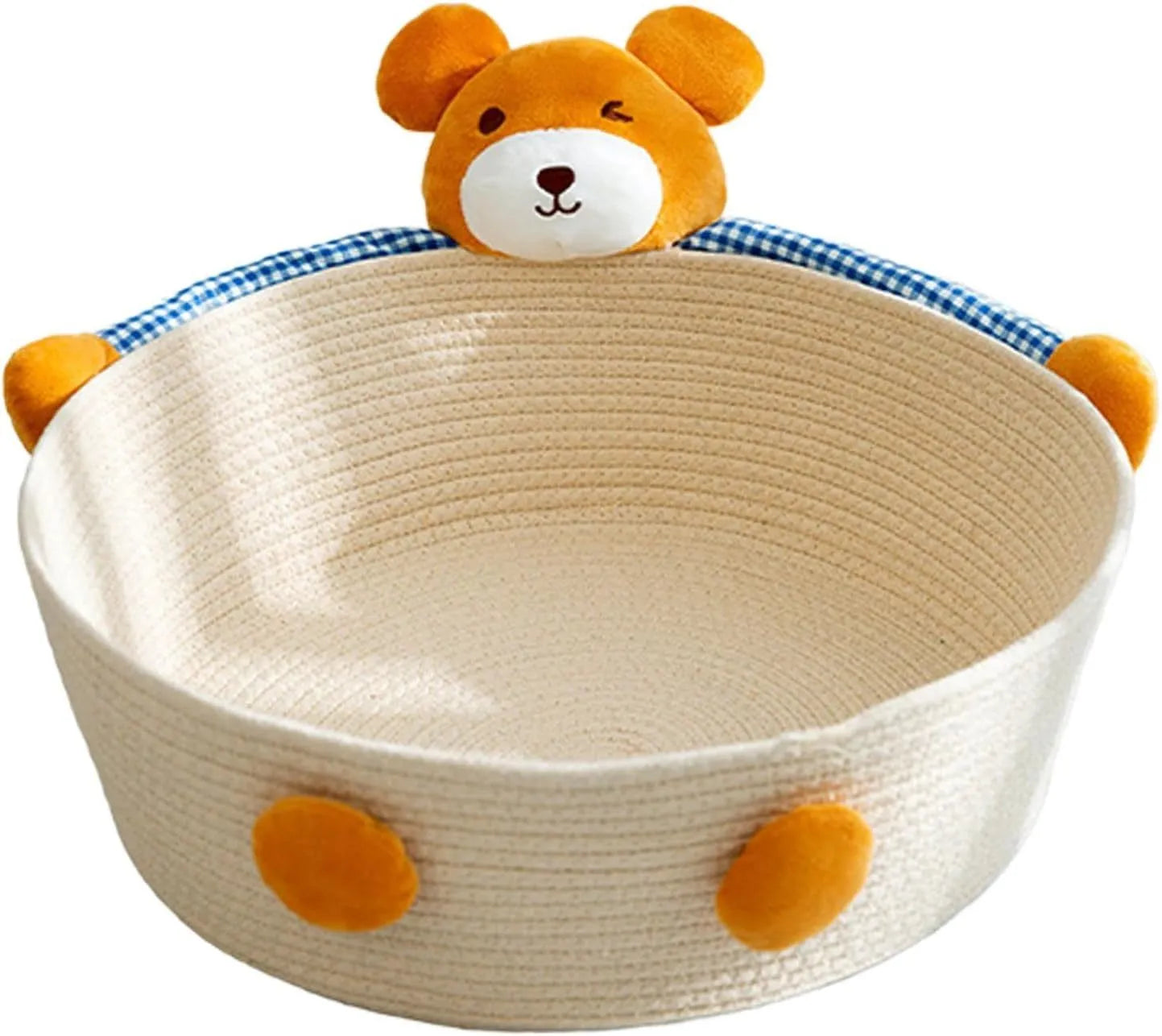 Woven cotton rope cat bed with integrated scratching board in basket design