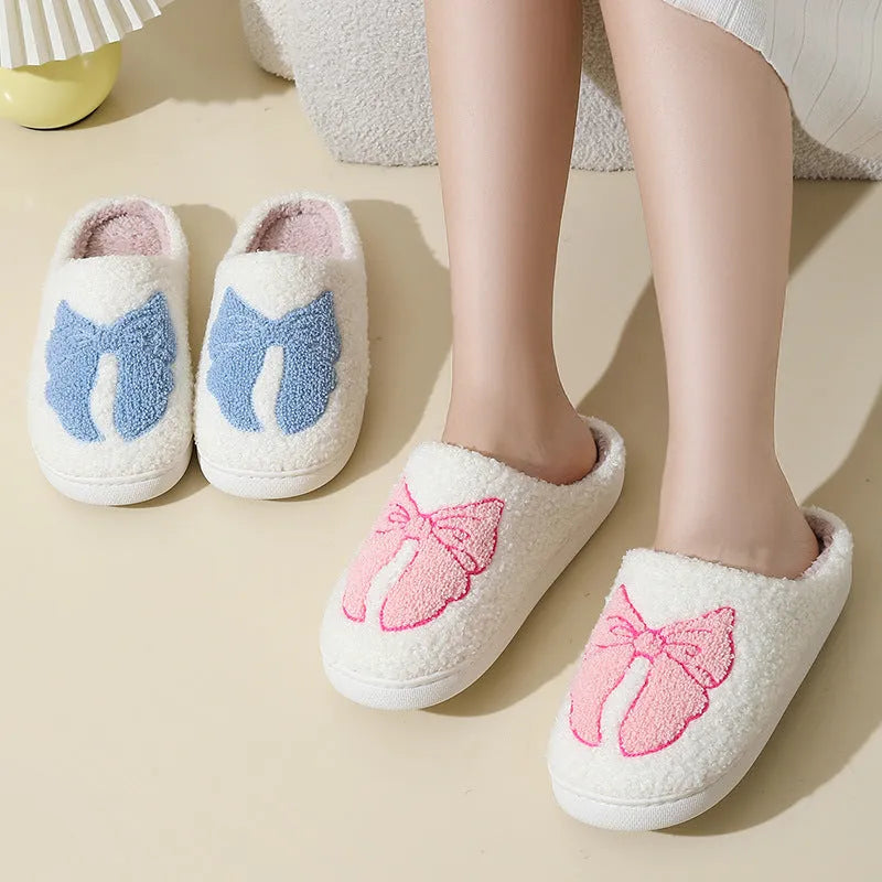 Cartoon bow knot cotton slippers in blue and pink colours with suede upper and TPR sole
