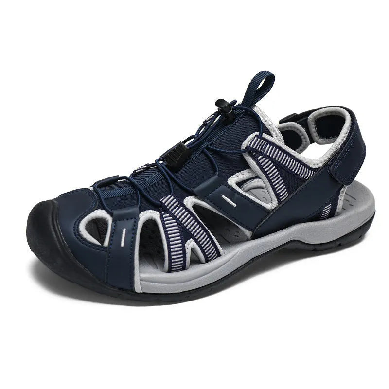 Men's blue outdoor sports shoes with velcro straps and a mesh upper on a rubber sole.