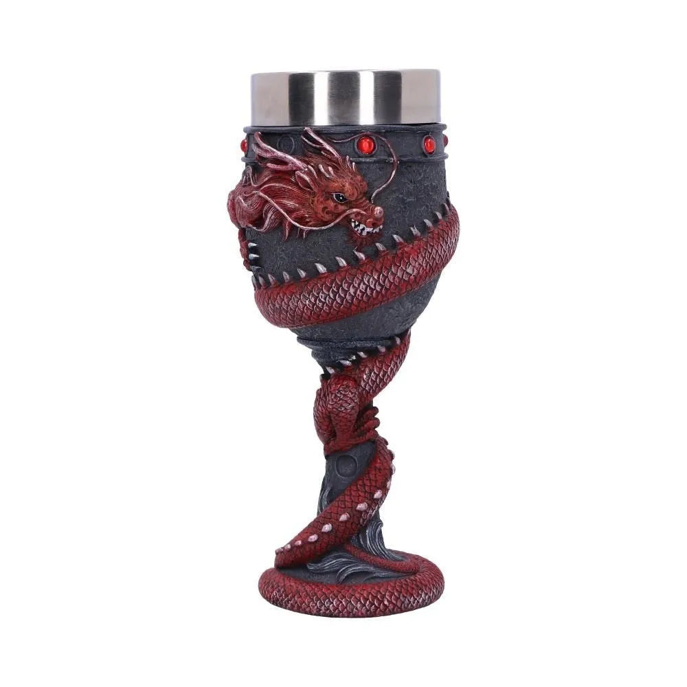 Red wine glass with Chinese dragon 3D resin decoration on stainless steel stem, 200ml capacity