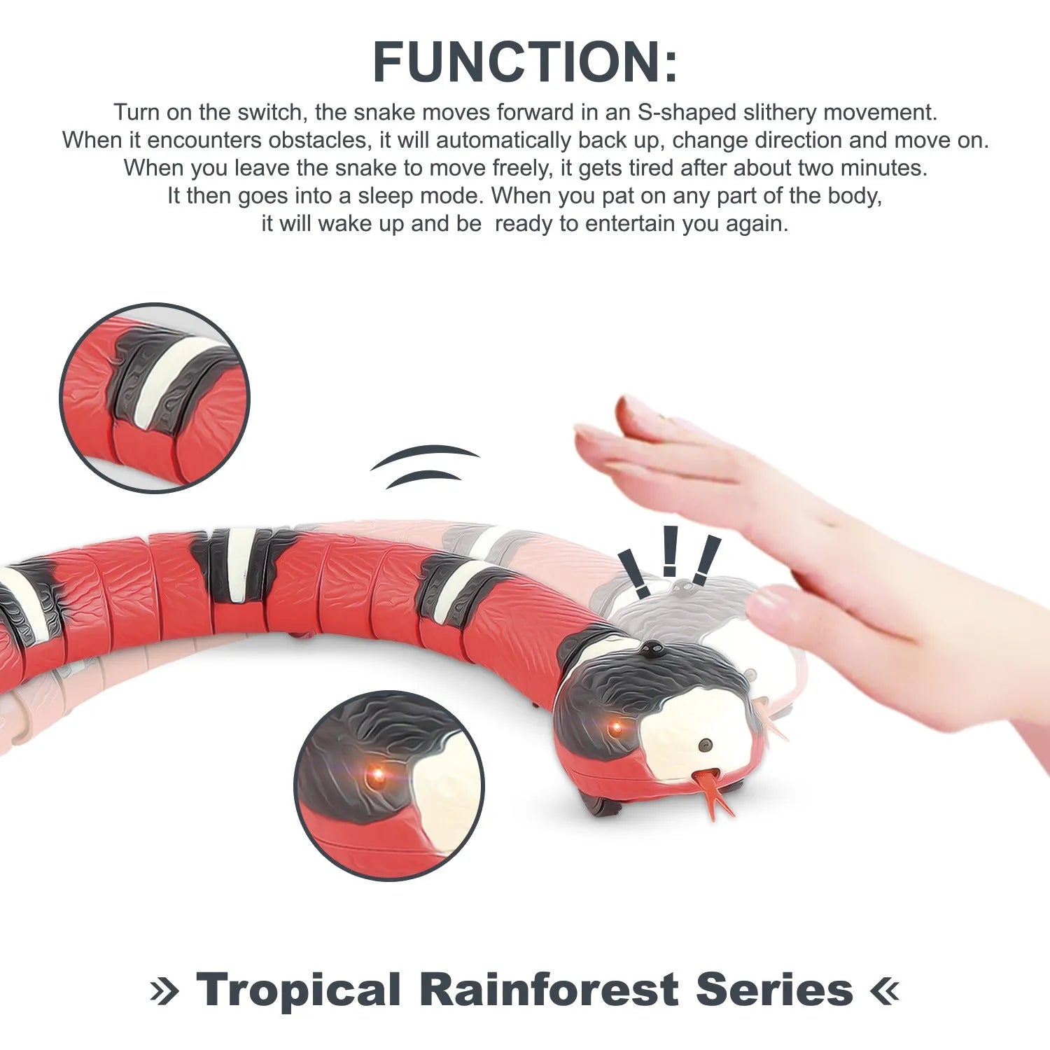 USB rechargeable automatic electronic snake cat toy with segmented plastic body on floor.