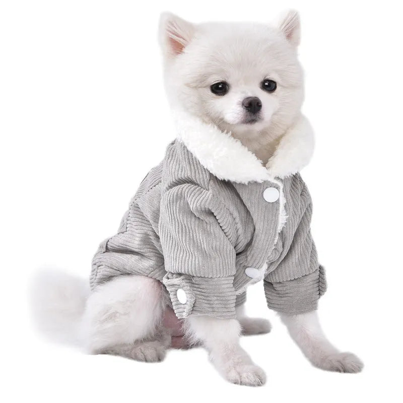 Lambswool grey dog winter vest with fleece lining shown on pet model