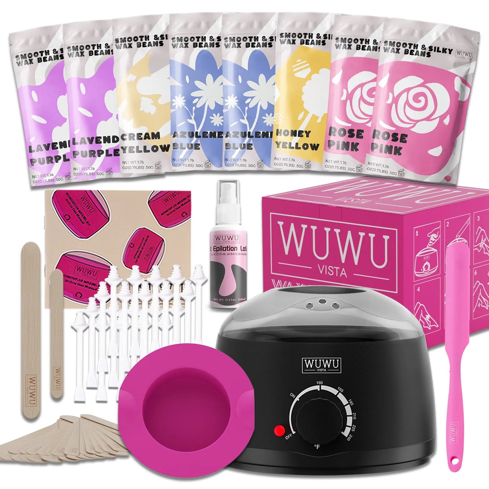 Waxing kit with 63 pieces including warmer, wax beads, applicator sticks and silicone accessories for hair removal