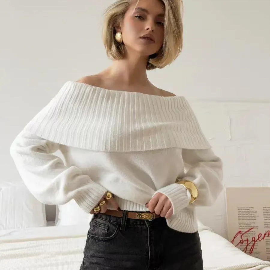 Grey off-the-shoulder strapless pullover sweater with 3D pattern and regular sleeves