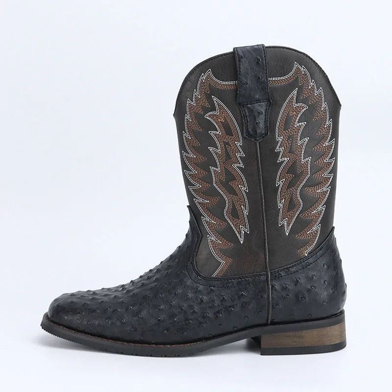 Men's black square toe motorcycle boots with a mid-calf shaft and low wedge heel.