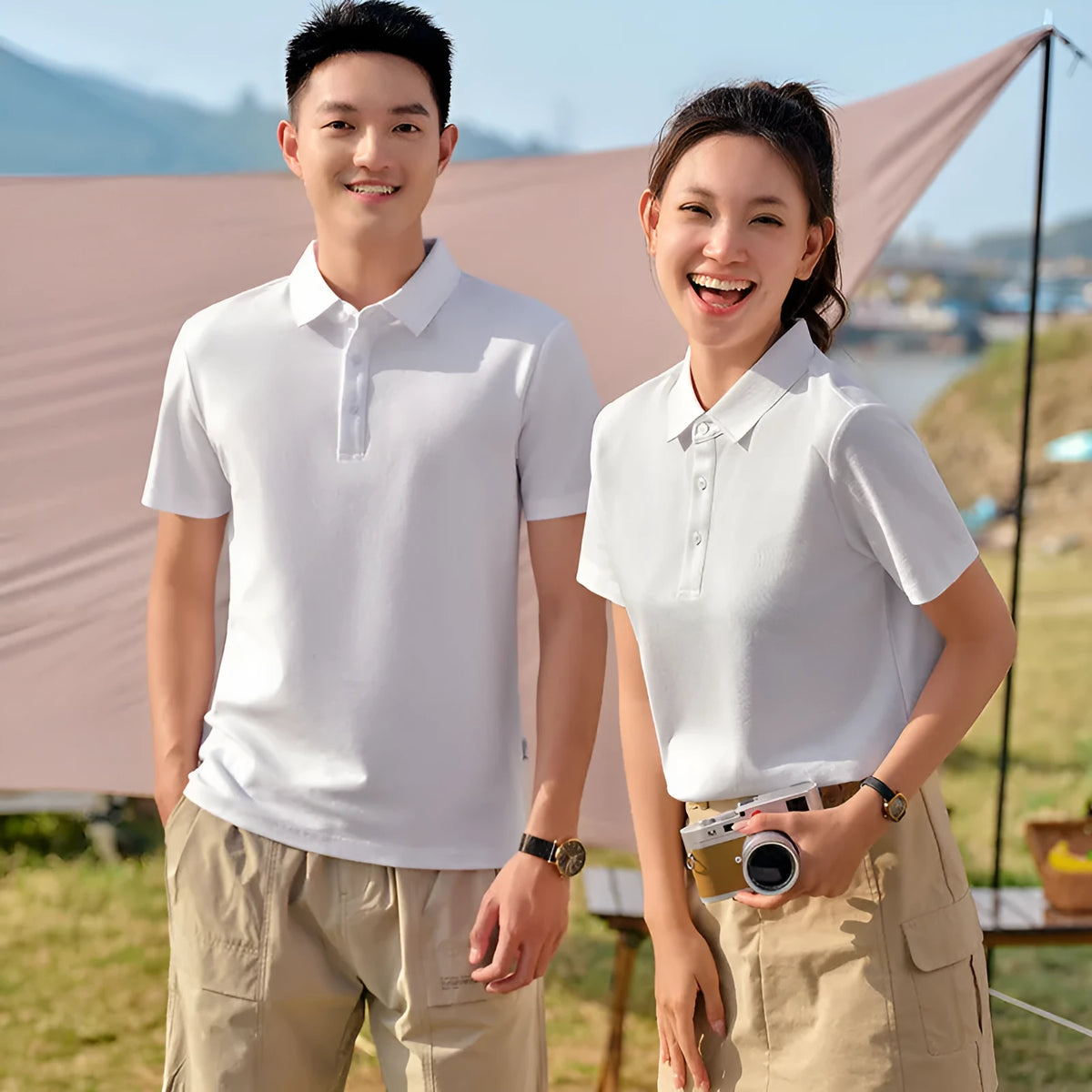 Customised flocking solid colour combed cotton short sleeve business shirt in white, black, and navy blue