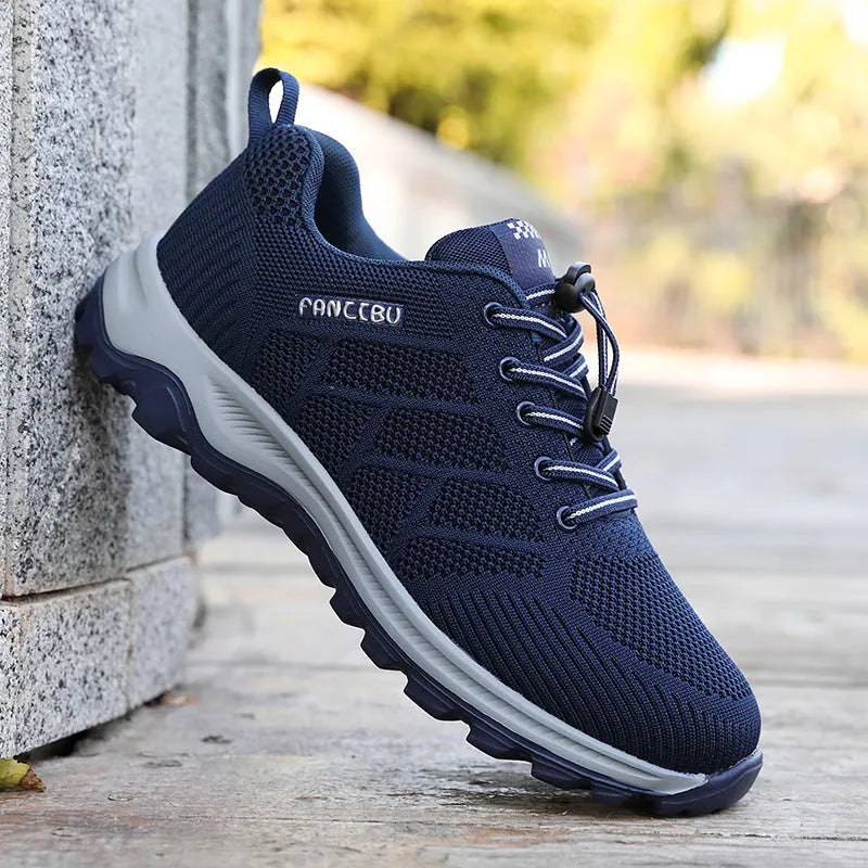 Breathable mesh walking shoes for men and women with widened sole in light gray purple colour, side view