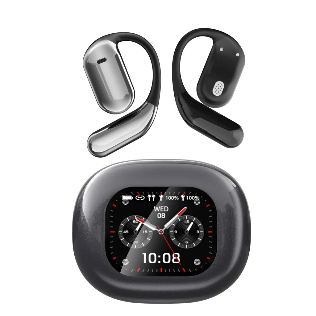 YYK-Q16PRO Gray ear-mounted Bluetooth headset with LCD colour screen and ear hook design