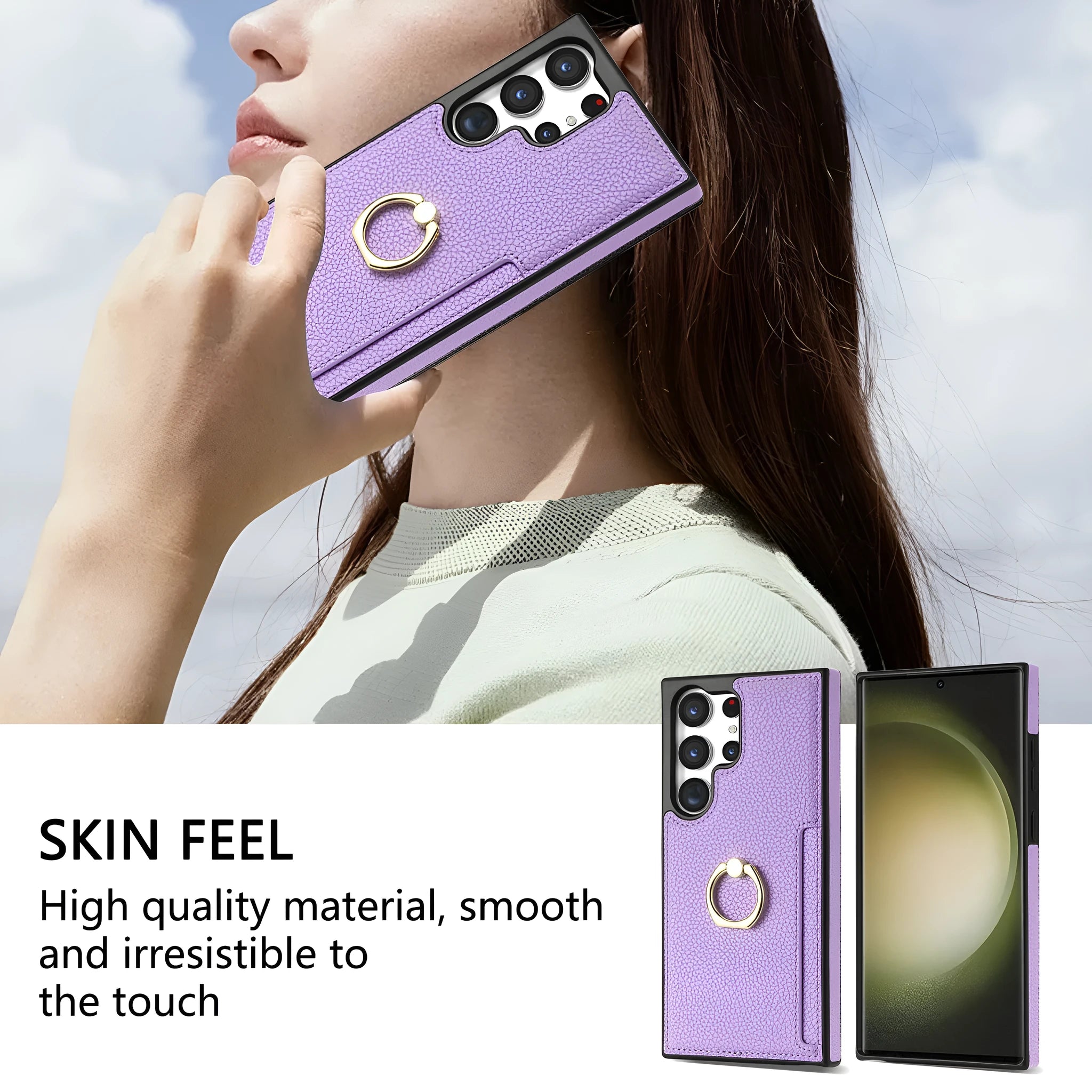 Litchi pattern fastened ring card wallet phone case for Samsung with shockproof frosted TPU PU finish, black colour