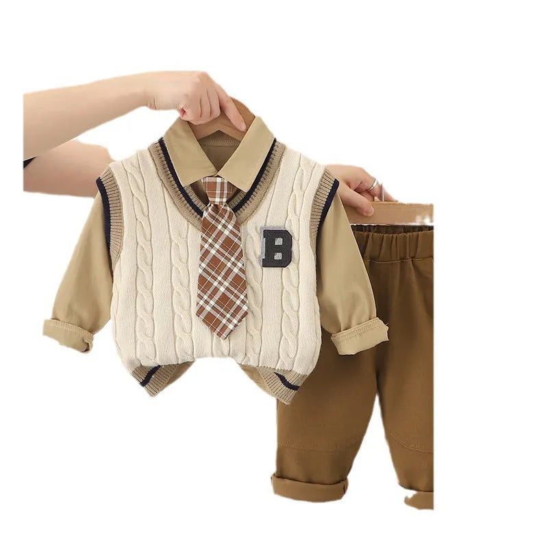 Boys autumn three-piece suit with tie B-shaped sweater pattern, cotton top, trousers, and beige or khaki vest.