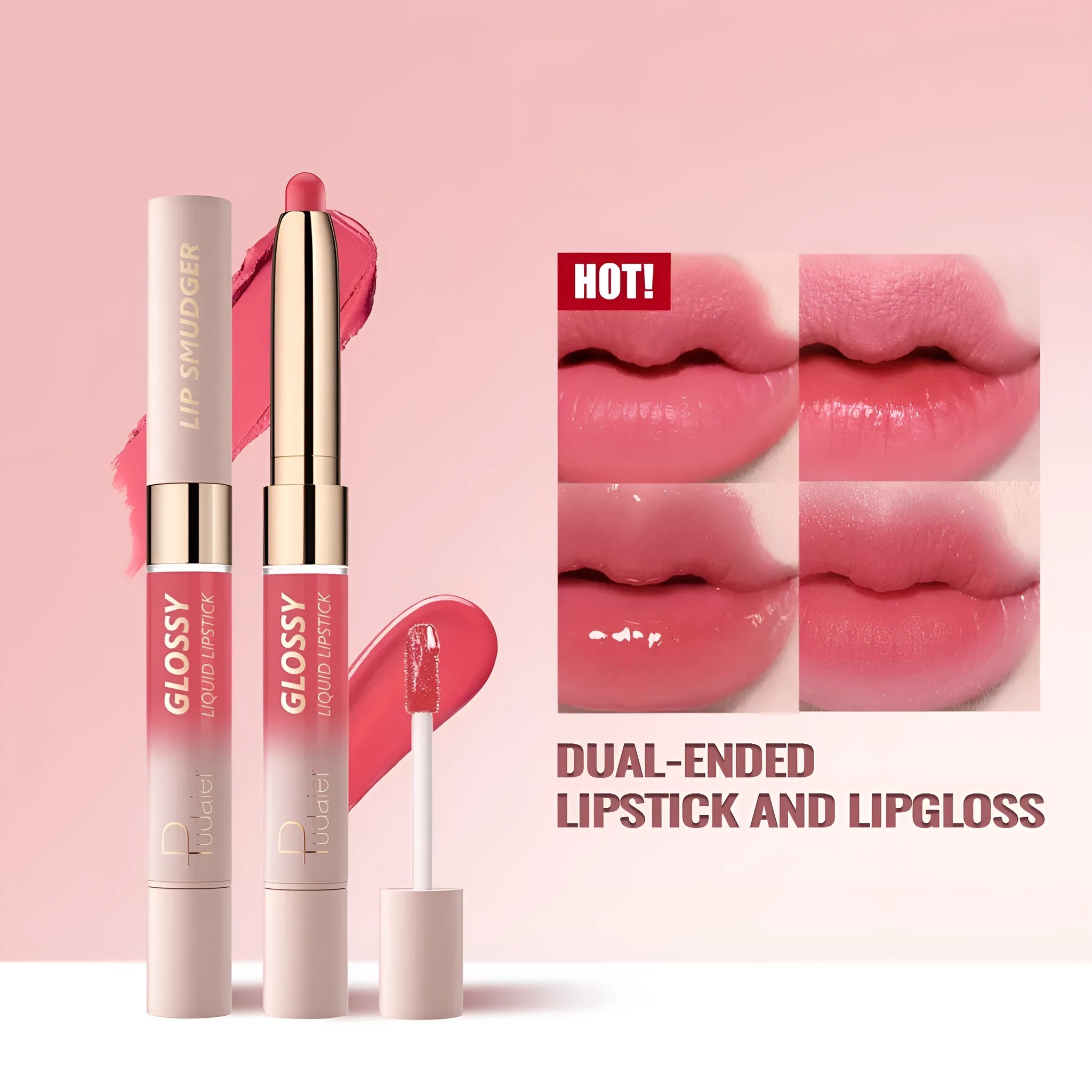 Double-headed lipstick and lip gloss in matte finish showing ten available shade options