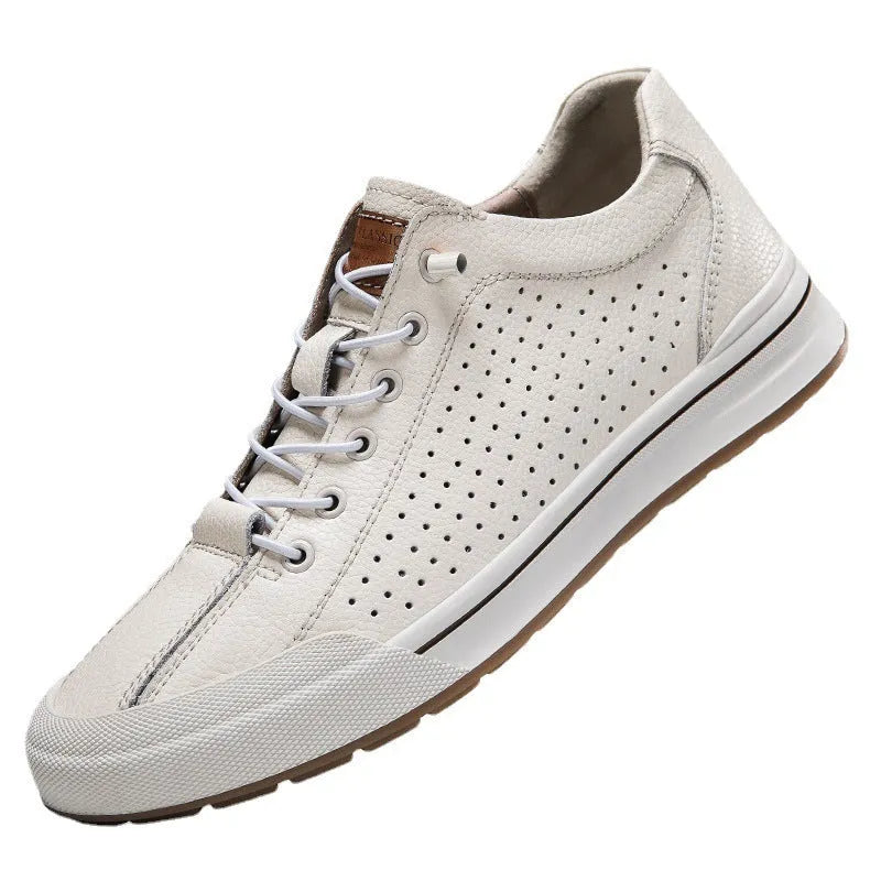 Men's black and white matte leather casual shoes with flat heel and round toe