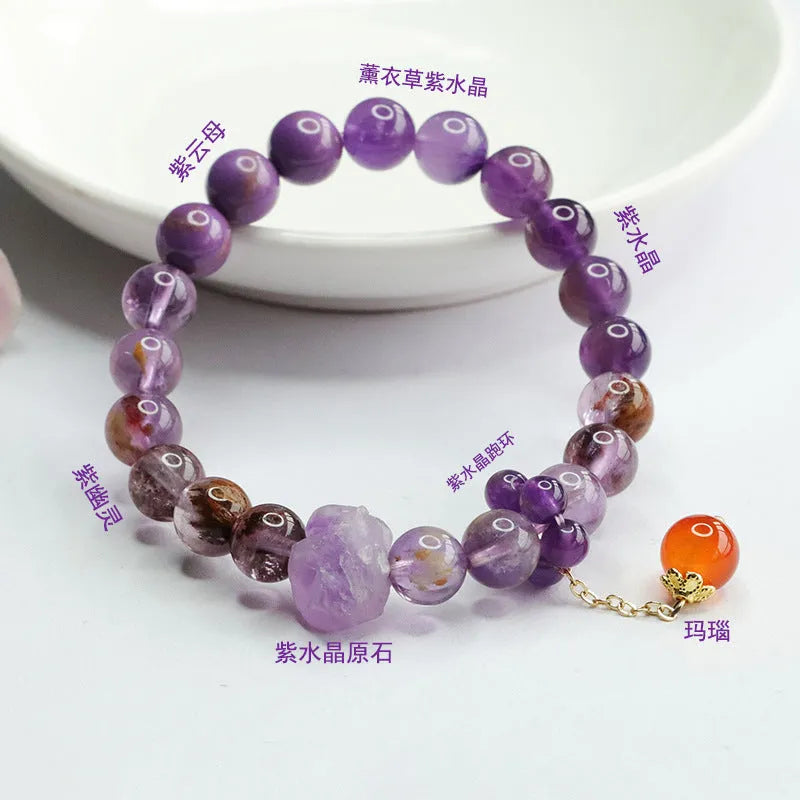 Mori style nine purple fire Duobao crystal bracelet with 8mm amethyst beads and red agate stones